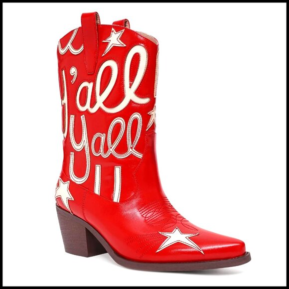 Shoes - Women's Metallic Cowboy Boots Mid Calf Low Heel Pointed Toe Embroidery